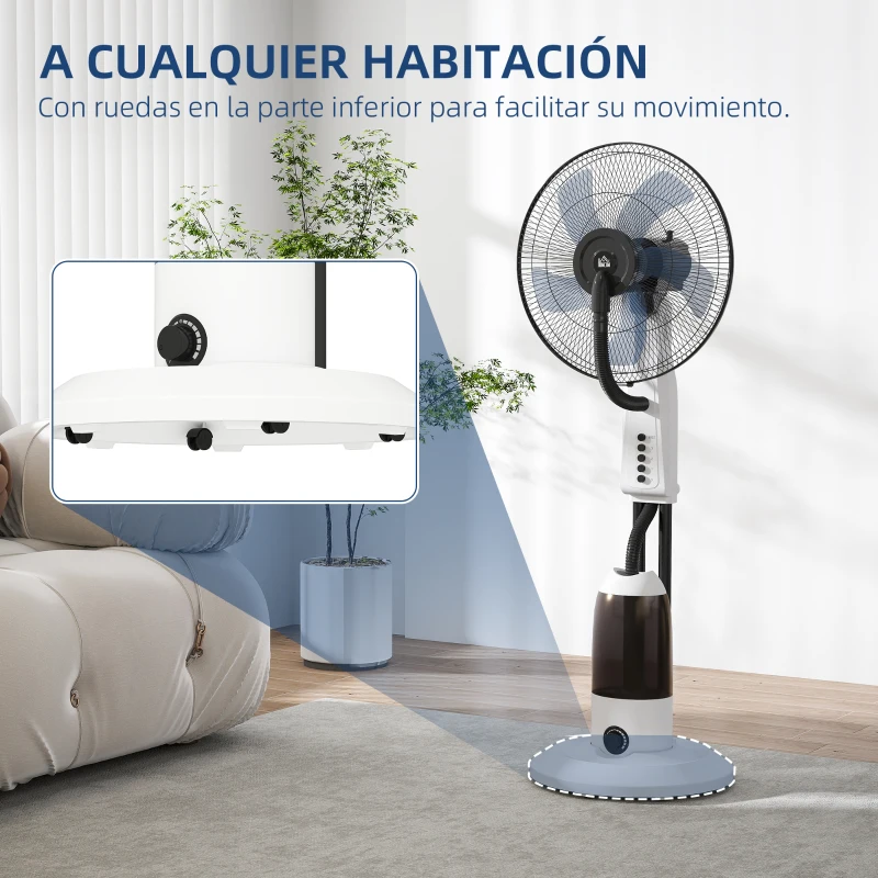 HOMCOM Ventilador Nebulizador Oscilante 90 W Tanque 2,8L 3 Velocidades 5 Aspas y Ruedas Ø44,5x120 cm Blanco