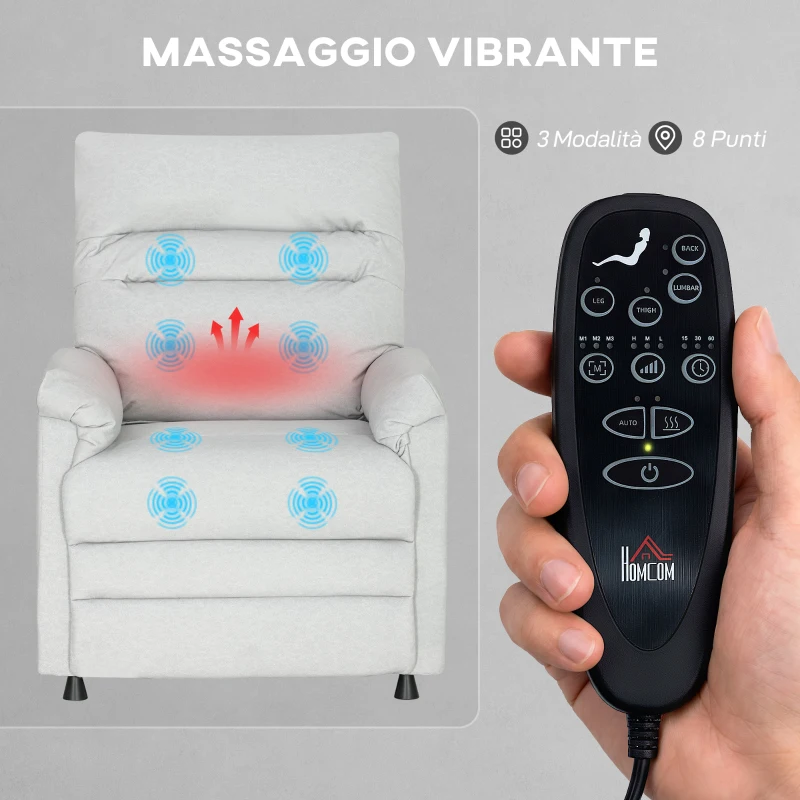 HOMCOM Poltrona Reclinabile con Poggiapiedi, Riscaldamento, 8 Punti Massaggio e 5 Modalità, Tessuto Vellutato, Grigio