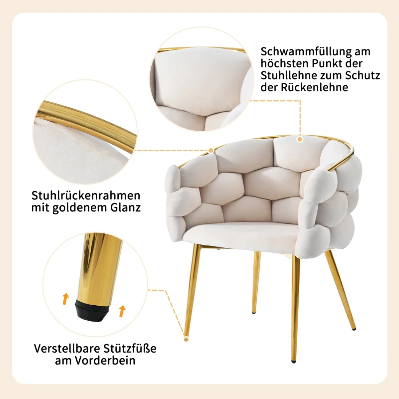 Esszimmerstühle, Luxus-Stuhl mit Goldglanz, edel-samtbezug, verstellbare Vorderbeinstützen, 70x47x80 cm, Beige(m-8)