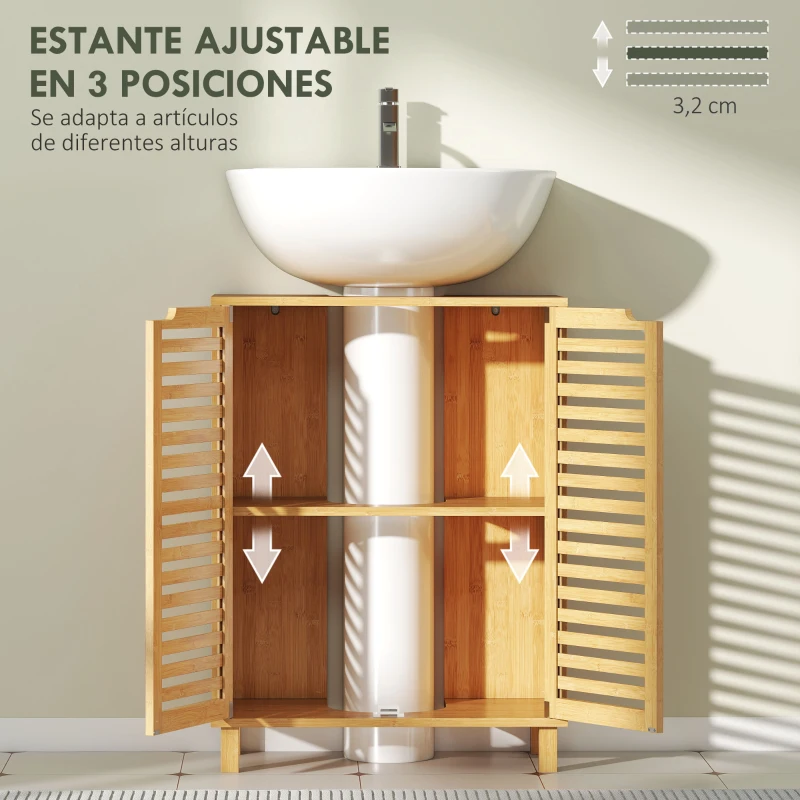 HOMCOM Mueble Bajo Lavabo de Bambú con 2 Puertas de Lamas Estante Ajustable para Lavabos con o sin Pedestal Natural