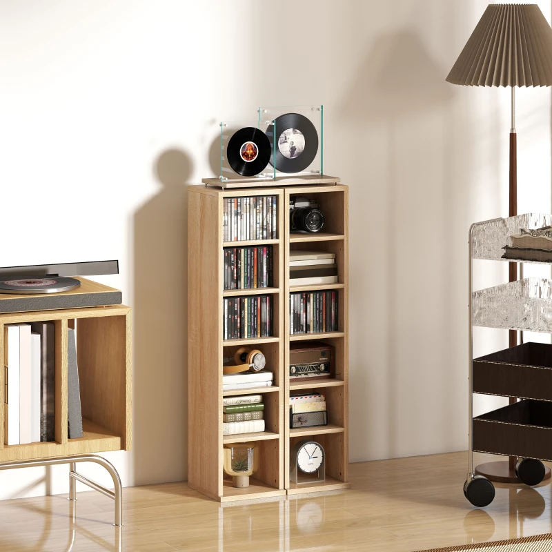 HOMCOM Set de 2 Estanterías para CDs y DVDs con 12 Compartimentos Estantes Ajustables 21x22,5x88,5 cm Roble