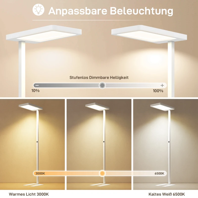 HOMCOM LED-Stehlampe, augenschonendes Licht, Bodenlampe mit Fernbedienung, anpassbare Helligkeit, Kunststoff, Metall, Weiß
