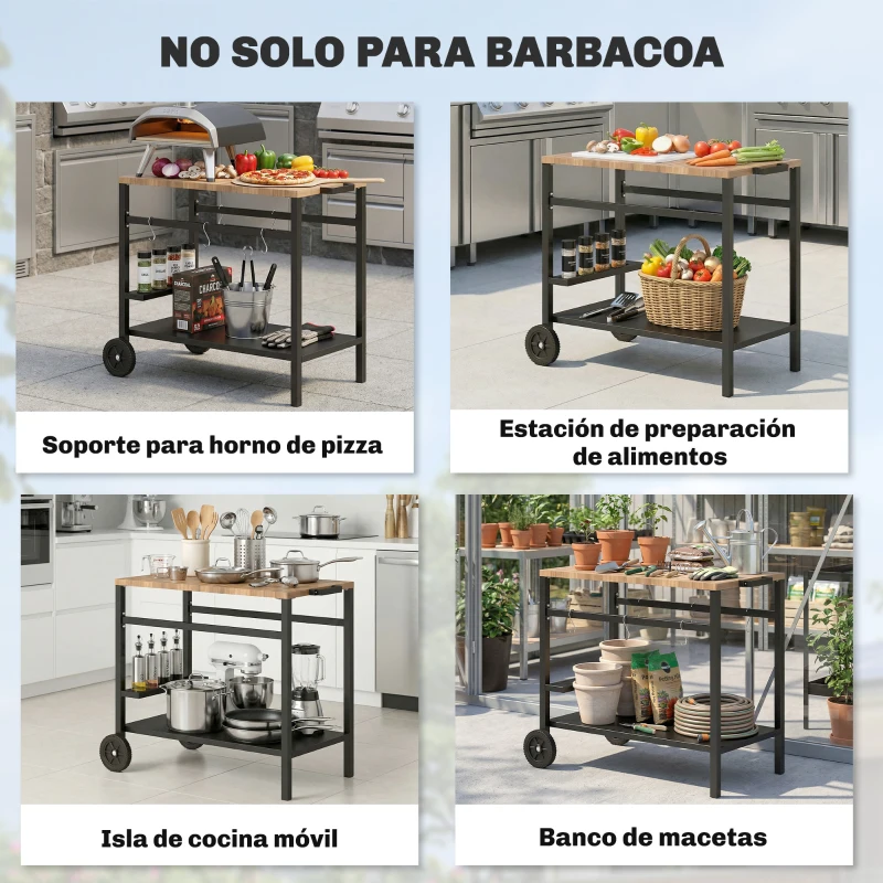 Outsunny 2-Tier BBQ Cart Side Table for Mobile Barbecue with Wheels, Drink Holder, Hooks, Handle, Black and Brown