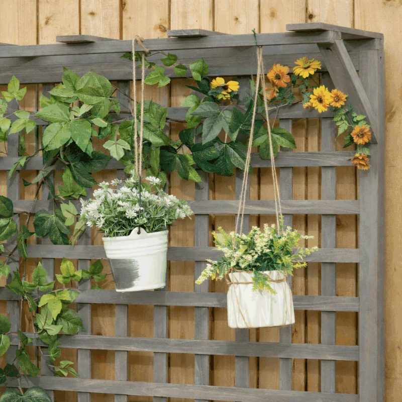 Outsunny Raised Bed with Drainage Holes, Wood Planter with Trellis for Climbing Plants to Grow Vegetables, Flowers, Dark Grey