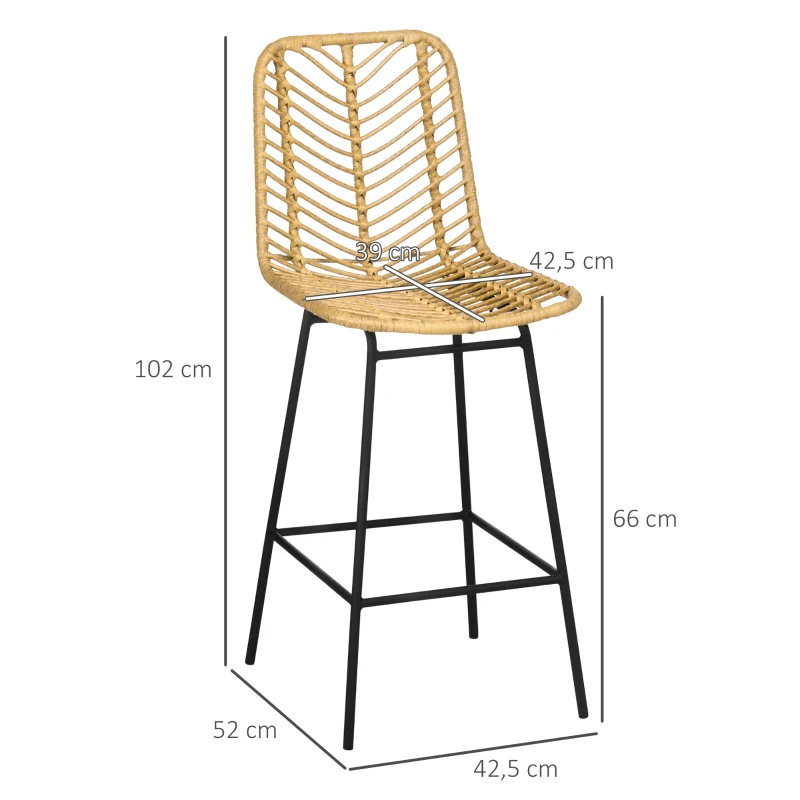 HOMCOM Lot de 2 tabourets de bar design bohème Hauteur 66 cm avec repose-pieds métal et rotin PE - naturel