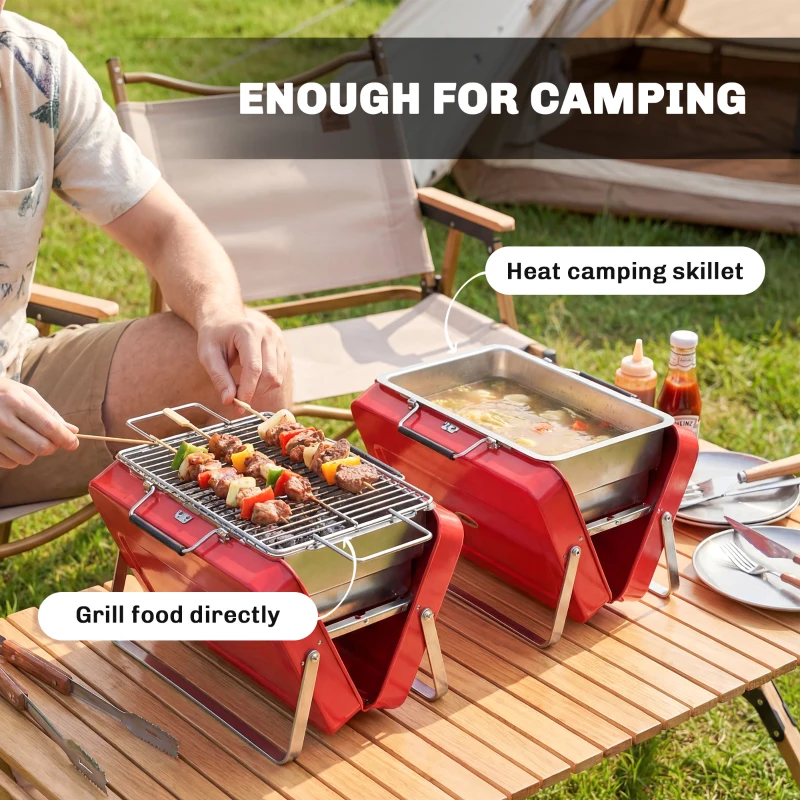 Outsunny Portable Mini Charcoal Barbecue Grill with Suitcase Shell, Outdoor Folding Tabletop BBQ Grill, Red