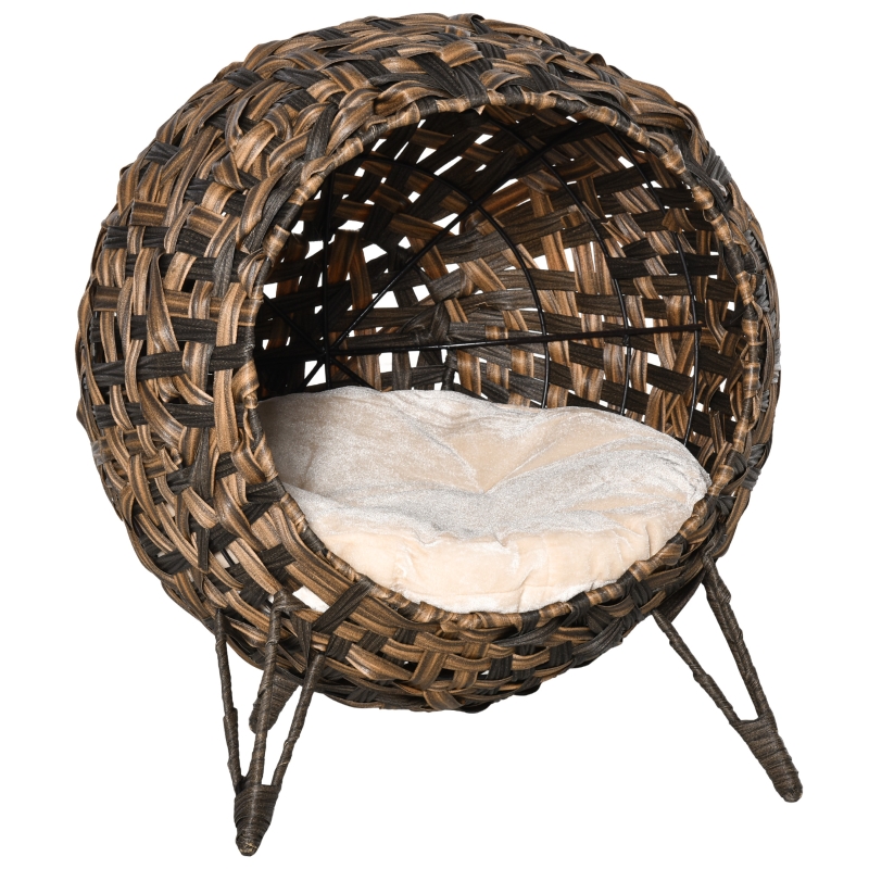PawHut Cama Cueva de Ratán para Gatos o Mascotas Pequeña con Base Trípode Cojín de Felpa y Algodón Suave Φ52x58 cm Madera Natural