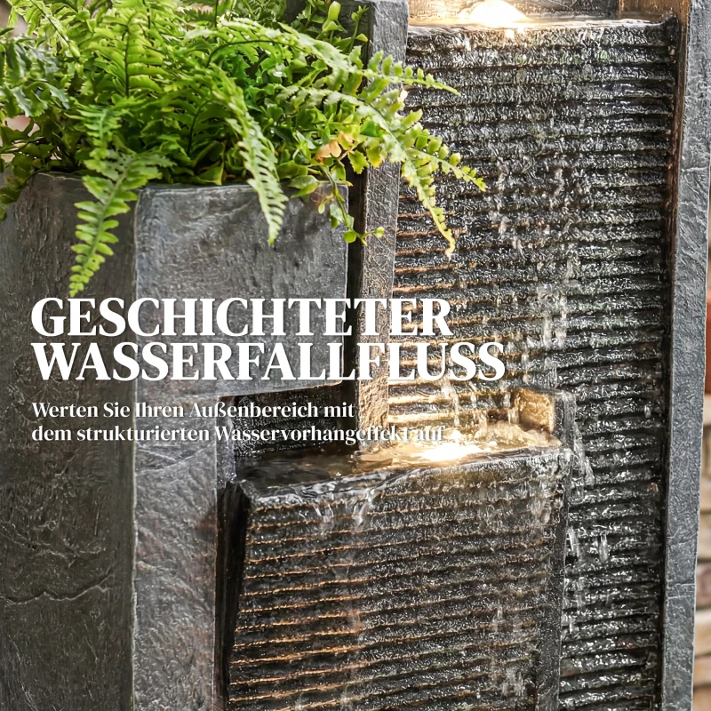 Outsunny Fontein 3-laags tuinfontein met LED-verlichting plantenbak pomp steenlook, verstelbaar 38 x 19 x 101 cm