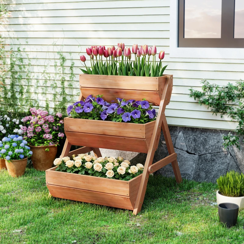 Outsunny Vertikales Hochbeet mit 3 Etagen Vertikalbeet aus Holz Blumenkasten mit 3 Pflanzkästen Ablauflöchern Braun