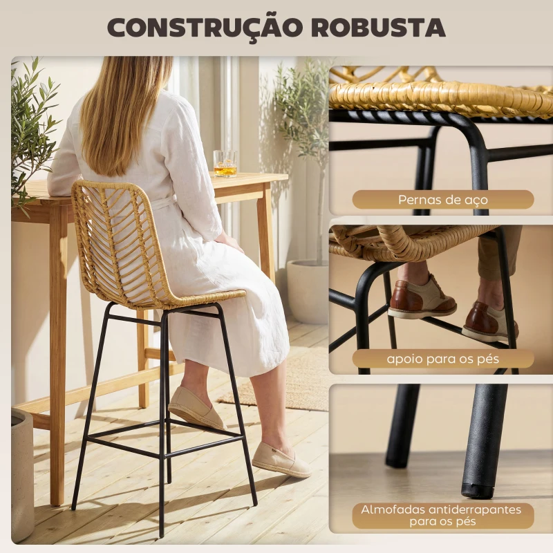 HOMCOM Bancos Altos de Cozinha em Vime Sintético Bancos de Bar Modernos com Pés de Aço 42,5x52x102 cm Madeira e Preto