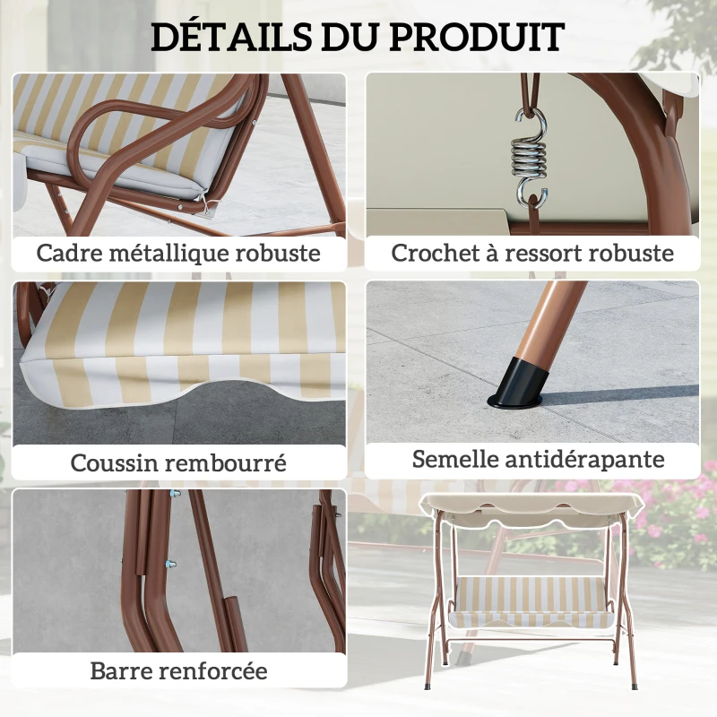 Outsunny Balancelle de Jardin 3 Places Toit imperméabilisé Inclinaison réglable Coussins Assise Dossier marron, crème rayé