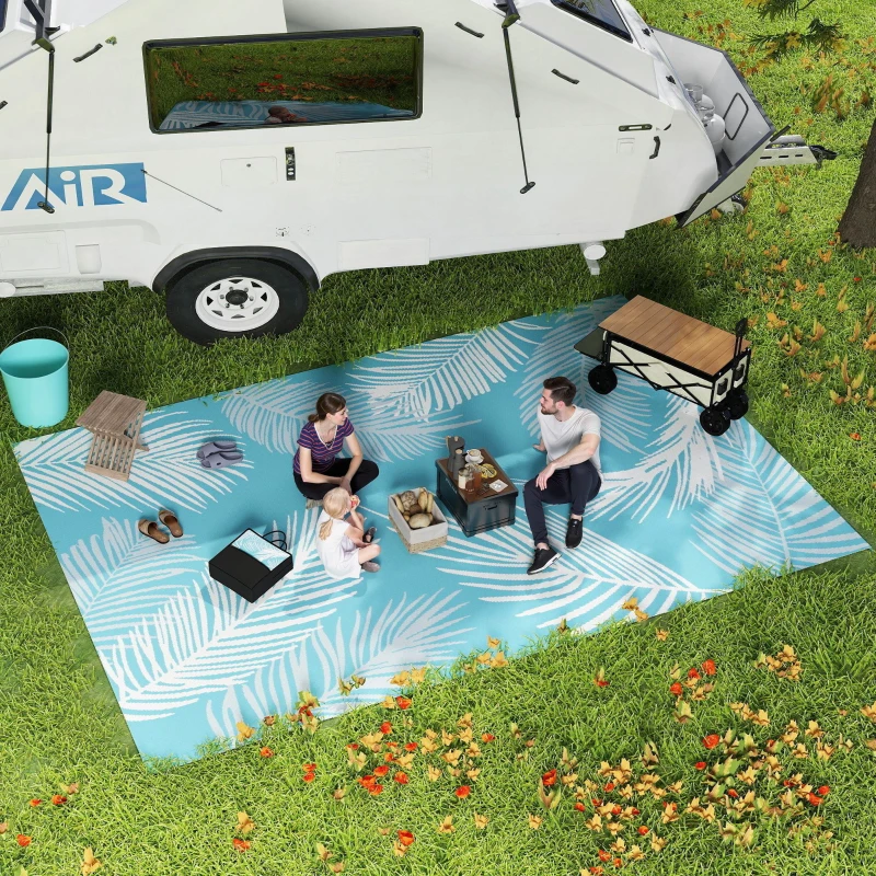 Outsunny Buitenkleed omkeerbaar robuust weerbestendig met draagtas en grondverankering 274 x 182 cm Lichtblauw+Wit