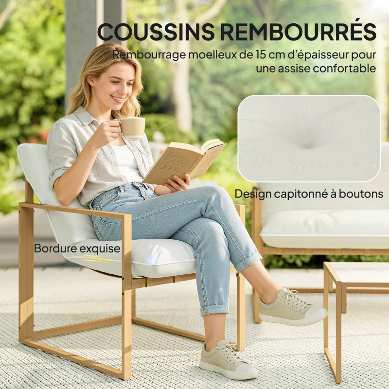 Outsunny Salon de jardin extérieur 4 pièces avec coussins ultra-épais 15cm canapé 2 places avec table basse et 2 fauteuils kaki