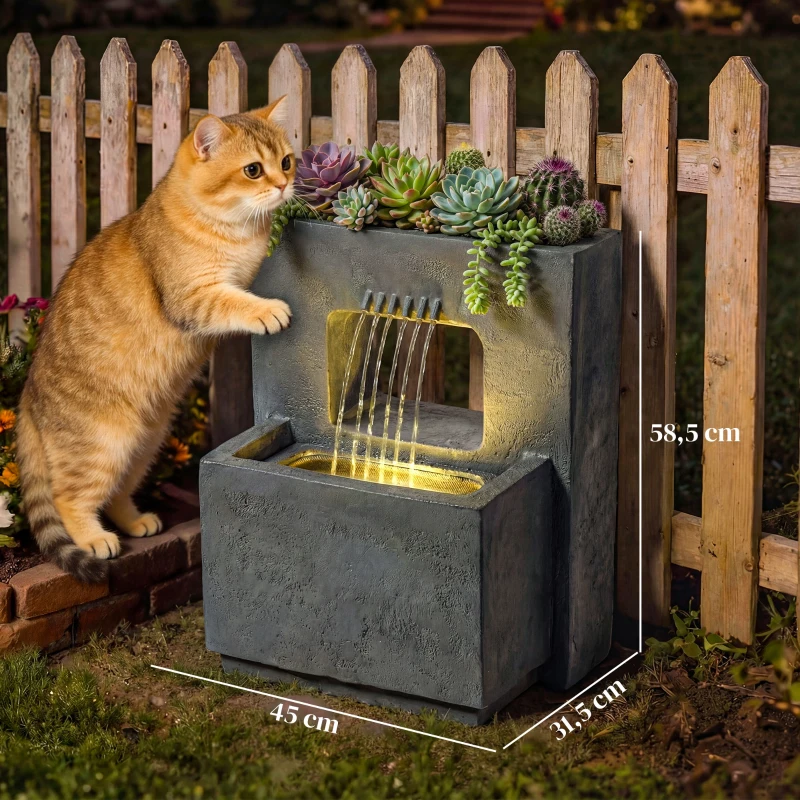 Outsunny Fontein 2-staps Tuinfontein met LED Verlichting Plantenbak Pomp Steenlook, Verstelbaar 45 x 31,5 x 58,5 cm