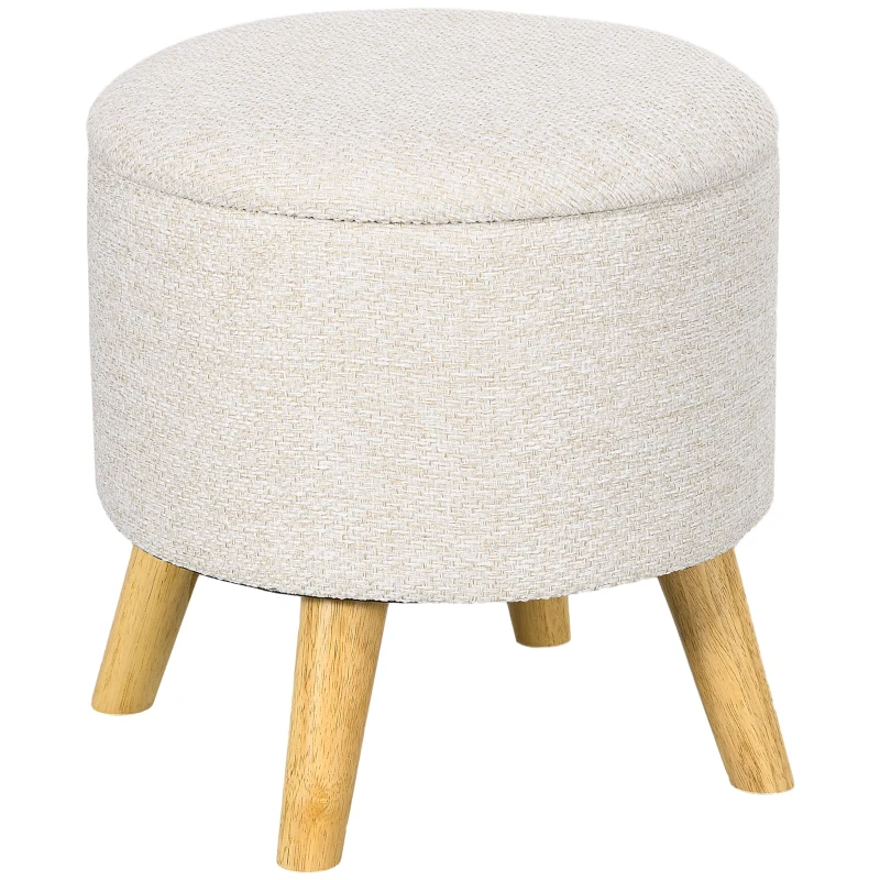 HOMCOM Pouf rotund suport pentru picioare, taburet cu spațiu de depozitare, picioare din lemn, design modern, crem