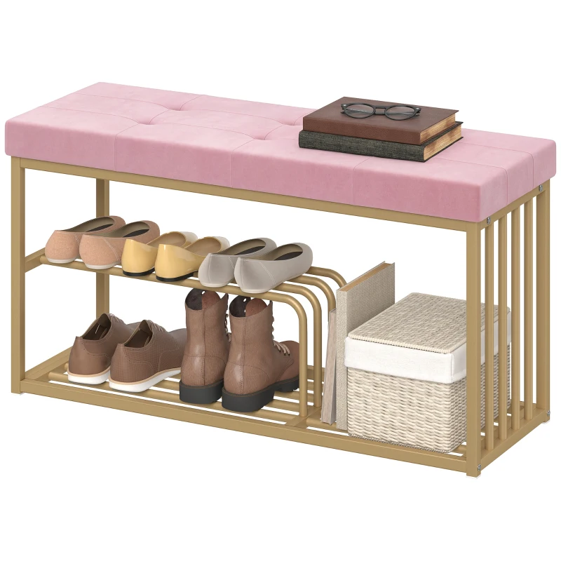 HOMCOM Bench and Shoe Storage, Tufted Shoe Storage Bench with Velvet Seat Cushion Gold Steel Frame for Entryway, Pink
