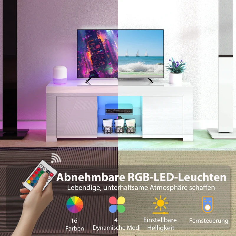 HOMCOM TV-Schrank mit LED-Beleuchtung, 2 Schranktüren, Glasregal, Kabellöcher, für Wohnzimmer, Spanplatte, Weiß