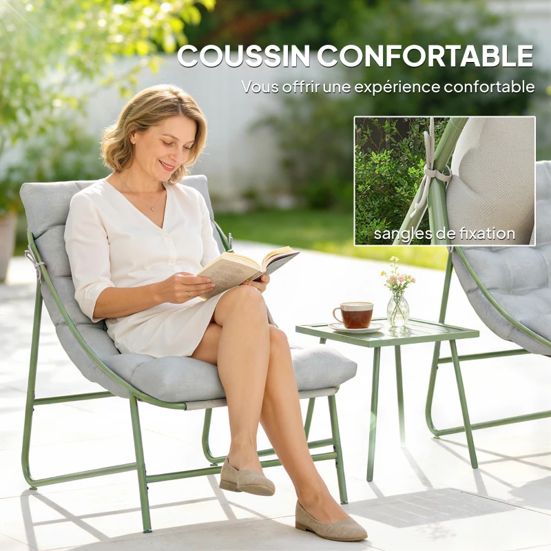 Outsunny Ensemble bistrot de jardin 3 pièces, salon de jardin extérieur avec 2 chaises, table basse et coussins, gris clair