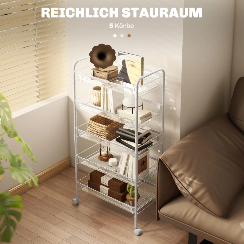 HOMCOM Keukentrolley met 5 draadmanden, 4 haken, 4 wielen, 2 handgrepen, staal/kunststof, 45x26,5x106 cm, wit