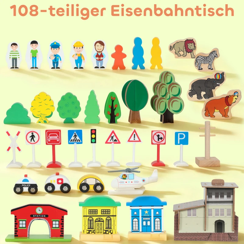 AIYAPLAY Spieltisch, 108-teiliges Eisenbahn-Set aus Holz, mit abnehmbarer Tischplatte, Eisenbahntisch, 98x60,5x40 cm, Blau