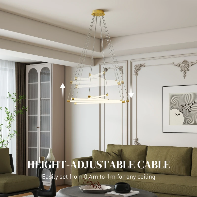 HOMCOM Lampa wisząca LED, 50W, 5 regulowanych rur świetlnych, regulowana, Lampa sufitowa do salonu, jadalni, kuchni, Złoto+Białe