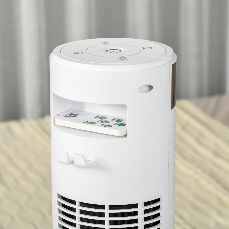 HOMCOM Ventilador de Torre 96 cm 45W con Mando a Distancia 3 Velocidades 4 Modos Oscilación de 70° Pantalla LED Táctil Temporizador 12h Silencioso y Asa de Transporte Blanco