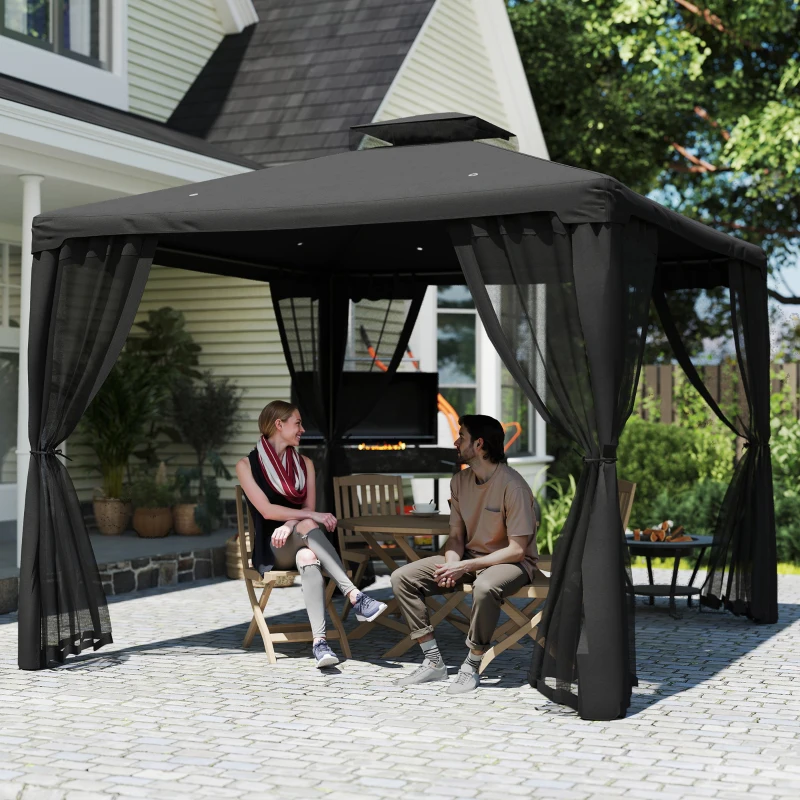 Outsunny 3 x 3 m Metal Gazebo, Garden Pavillion, Double Roof Outdoor Canopy Shelter with Mesh Sidewalls, Black