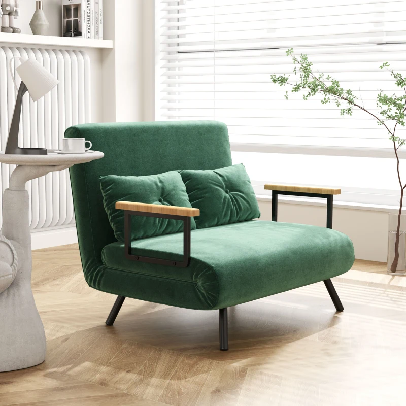 HOMCOM Schlafsofa 2er-Sofa Samtsofa, Schlaffunktion, inkl. 2 Kissen, Samtoptik, Natur + Grün