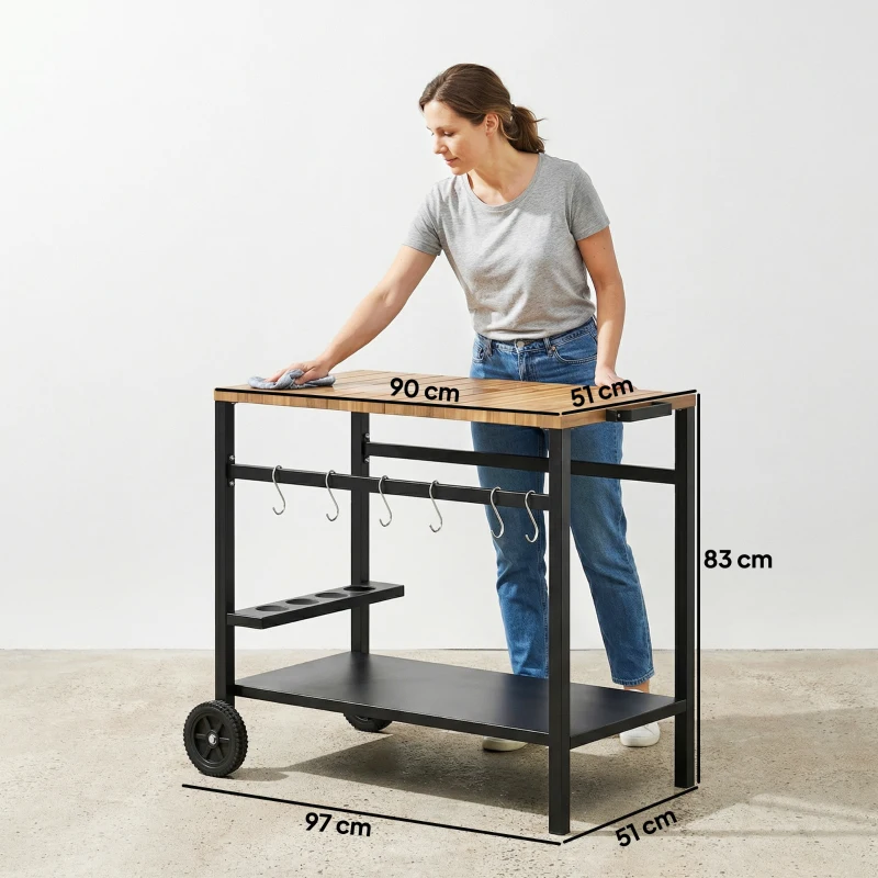 Outsunny Carrito de Barbacoa de 2 Niveles Mesa Auxiliar para Barbacoa Móvil con Ruedas Portabebidas Ganchos Asa Negro y Marrón