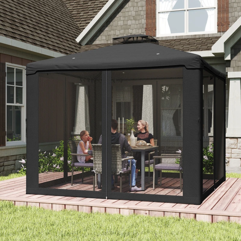 Outsunny 3 x 3 m Metal Gazebo, Garden Pavillion, Double Roof Outdoor Canopy Shelter with Mesh Sidewalls, Black