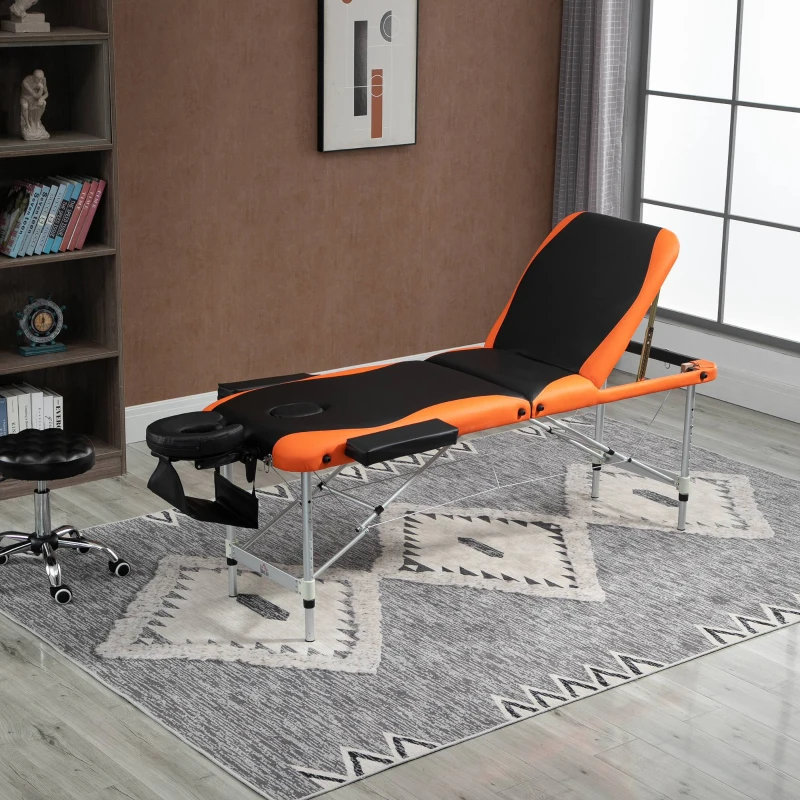 HOMCOM Camilla de Masaje Plegable y Portátil 215x60x61-84cm Mesa Ajustable en Altura con Reposacabezas y Apoyabrazos para Tatuaje Fisioterapia Negro y Naranja