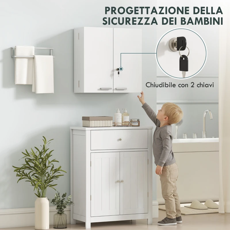 HOMCOM Armadietto Medicinali con 3 Mensole Interne e 8 Portabottiglie, in Legno e Metallo, 53x20x53 cm, Bianco