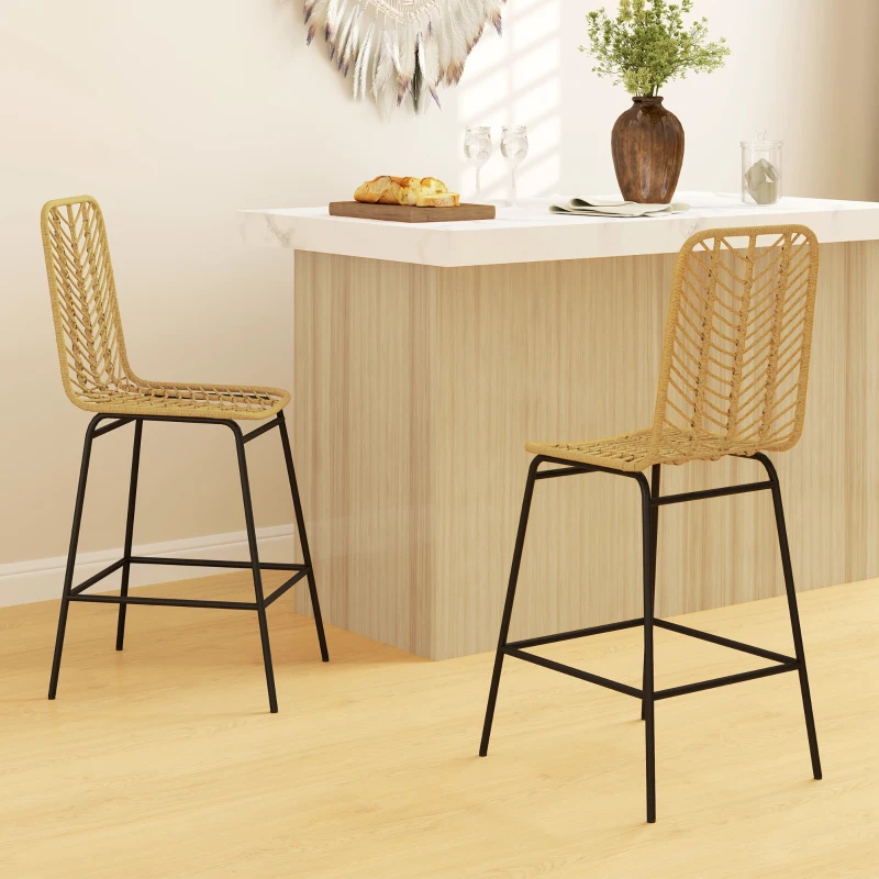 HOMCOM Lot de 2 tabourets de bar design bohème Hauteur 66 cm avec repose-pieds métal et rotin PE - naturel