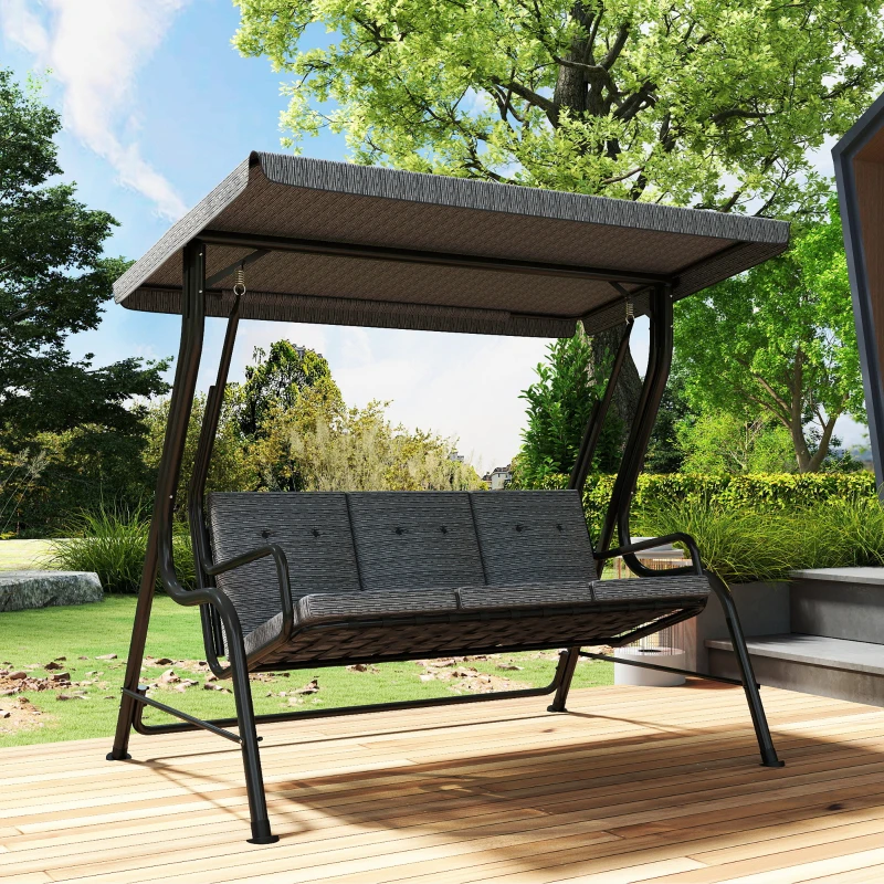 Outsunny Dondolo da Giardino per 3 Persone con Tettuccio Regolabile e Cuscini, 200x120x170cm, Nero