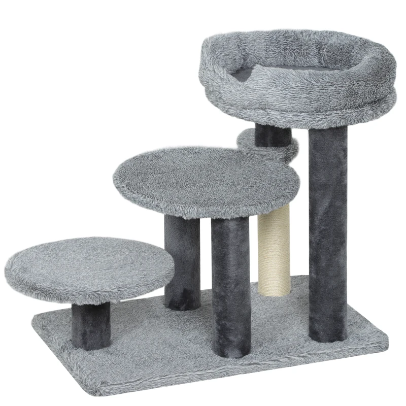 PawHut Kratzbaum und Katzentreppe, breite Basis, Plüschstoff, Sisalkratzsäule, Grau