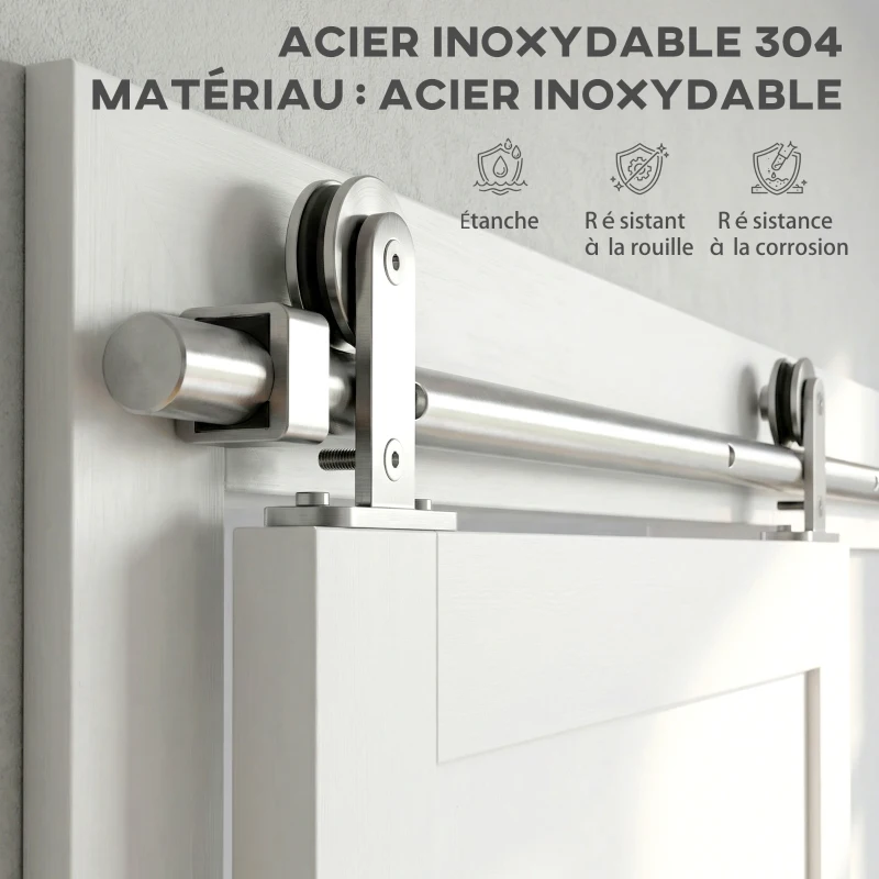 HOMCOM 152CM Quincaillerie porte coulissante de grange, rail porte coulissante de 76 cm de large, épaisseur 30 mm, argenté