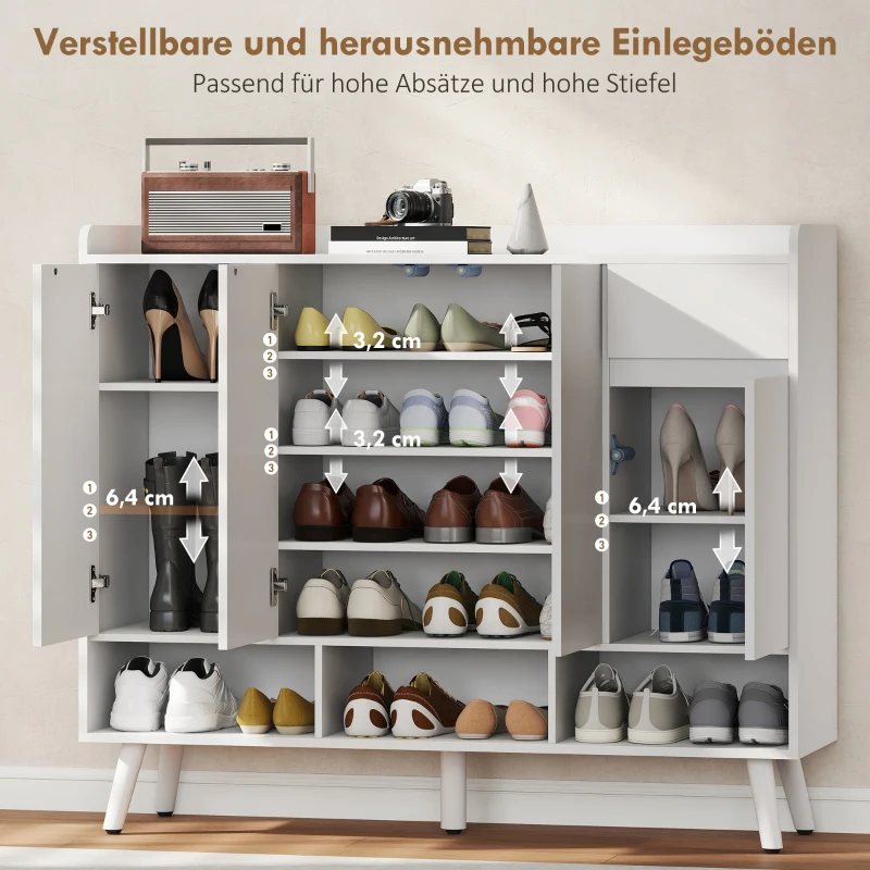 HOMCOM Schuhschrank mit grifflosem Design, 4 Türen, 4 verstellbare Regale, freistehendes Schuhregal mit 5 Holzbeinen, Holz, Weiß