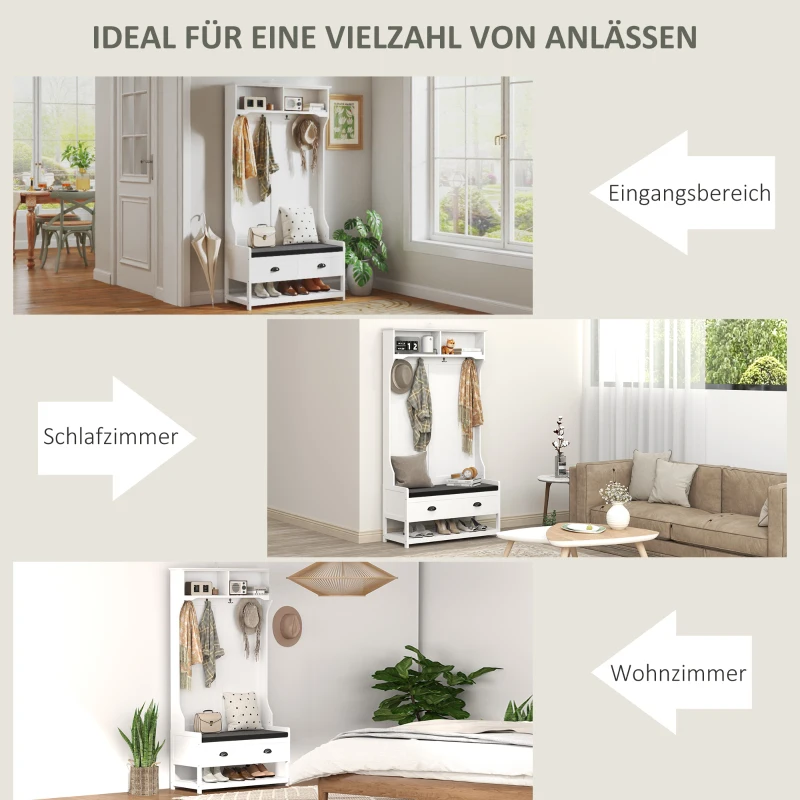 HOMCOM Garderobenständer mit Haken, Garderobe mit Schuhbank, für Eingangsbereich, Flur, Metall, MDF, Weiß+Grau