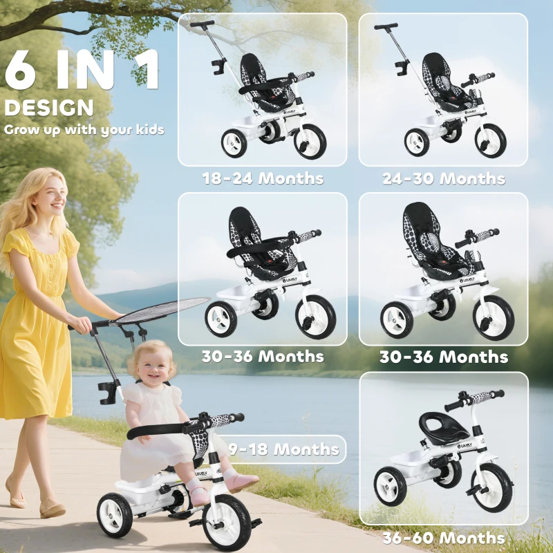 HOMCOM 6 in 1 Tricycle for Kids with 5-point harness straps, Removable Canopy, White
