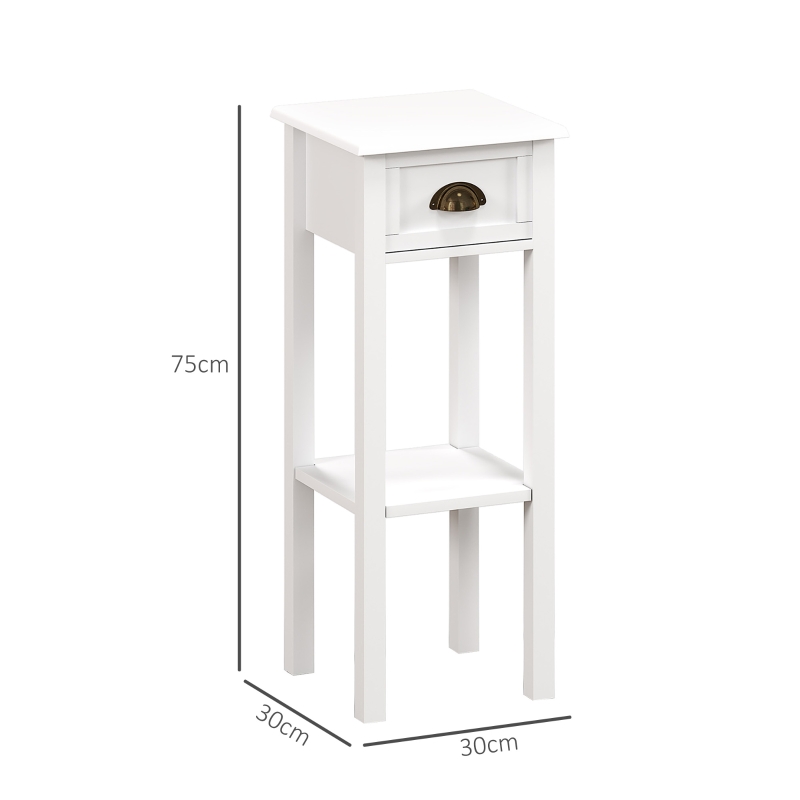 HOMCOM Set 2 tavolini d'appoggio con cassetto e ripiano inferiore, 30x30x75 cm, Bianco