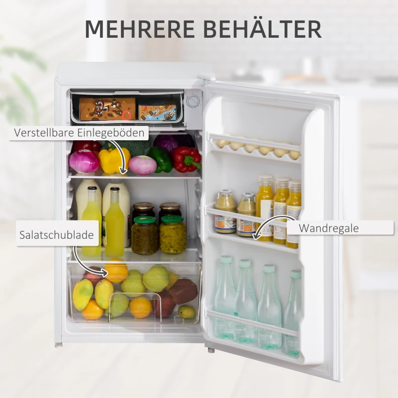 HOMCOM Mini-Kühlschrank, 91 Liter Kapazität, Gefrierfach, verstellbare Fächer, leiser Betrieb, kompakte Größe, Kunststoff, Stahl, Weiß