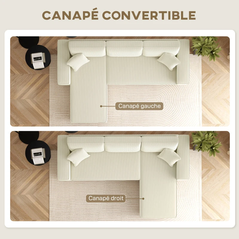 HOMCOM Canapé d'angle réversible 3 places moderne avec coussins inclus, tissu velours côtelé, crème(m-4)