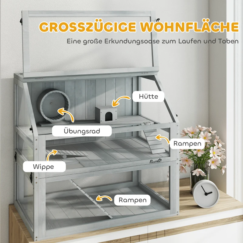 PawHut Hamsterkäfig Holz, 3 Etagen mit Tiefem Untergeschoss, Abnehmbare Ebenen, Für Kleintiere, 80x50x76cm, Hellgrau