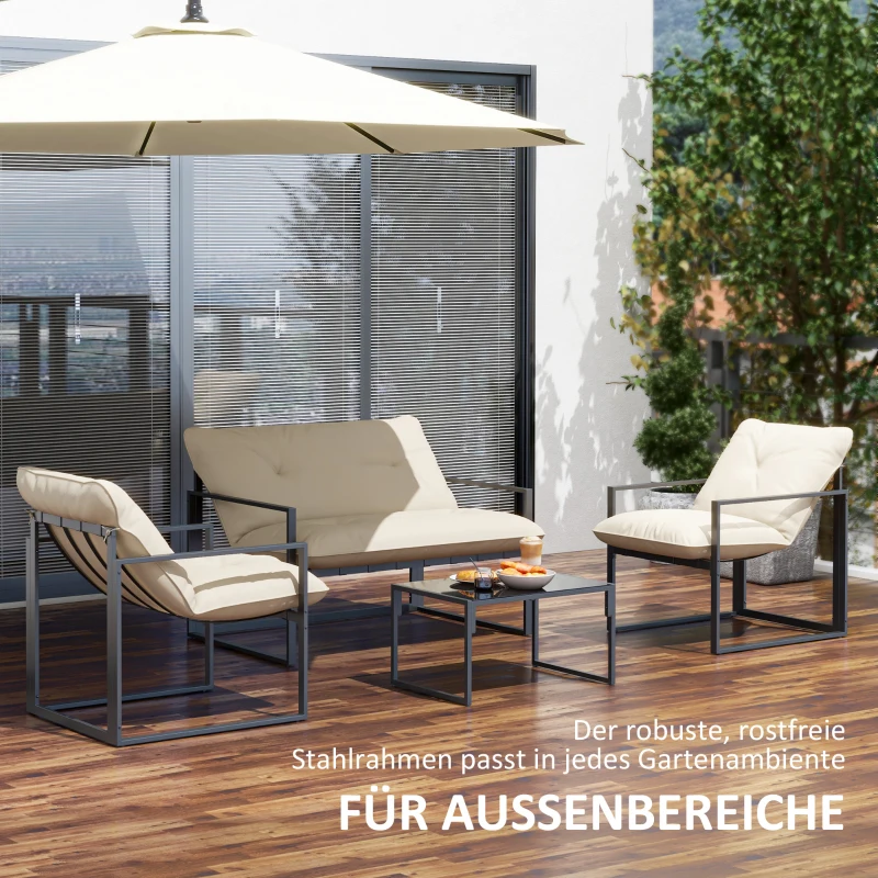 Outsunny Gartenmöbel-Set, 1 Glastisch, 2 Sessel. 1 Sofa, wetterbeständig,114 cm x 70 cm x 67 cm, Grau+Beige