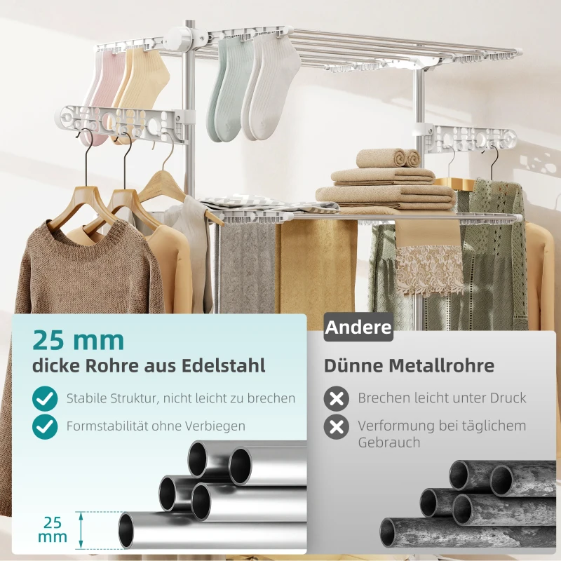 HOMCOM Mobiler Wäscheständer mit Rollen, 4 Ebenen, klappbar, Edelstahl, rostfrei, weiß+silber, 142 x 55 x 172 cm