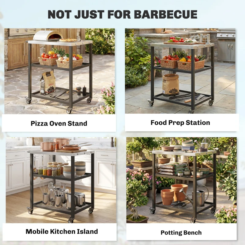 Outsunny 3-Tier Mobile Barbecue Cart with Wheels and Brake Stainless Steel Worktop Adjustable Shelf Hooks Black