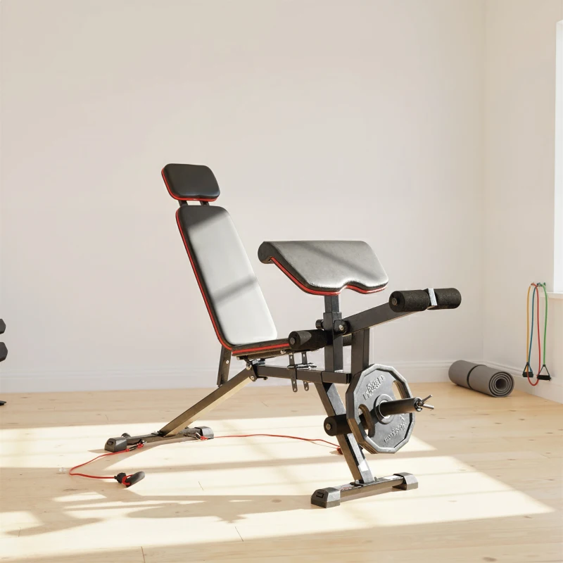 SPORTNOW Verstelbare halterbank tot 300 kg 3-in-1 trainingsbank met wieltjes Beentrainer Curlbank hoofdsteun weerstandsbanden