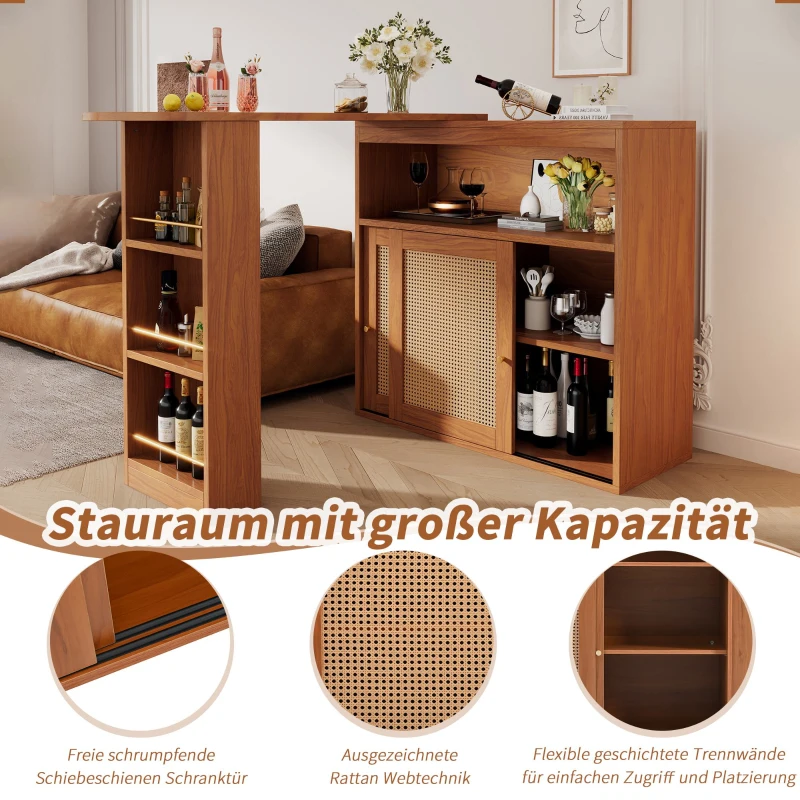 Multifunktionaler Bartisch mit Stauraum ausziehbar mit Rattangeflecht Türfronten und verstellbaren Ablagen für zuhause Braun(m-4)