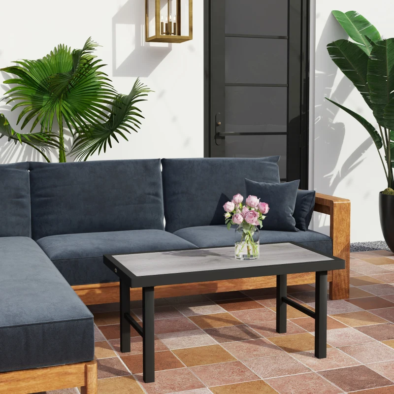 Outsunny Mesa baja de jardín rectangular mesa de jardín con tablero SPC efecto madera en metal, 100 x 52 x 46 cm, negro