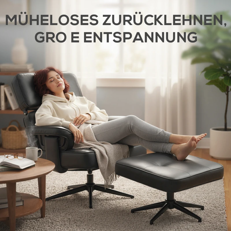 HOMCOM Verstellbarer Liegesessel mit Fußhocker, Kunstleder-Bezug, höhenverstellbare Kopfstütze, Metallbasis, Schwarz